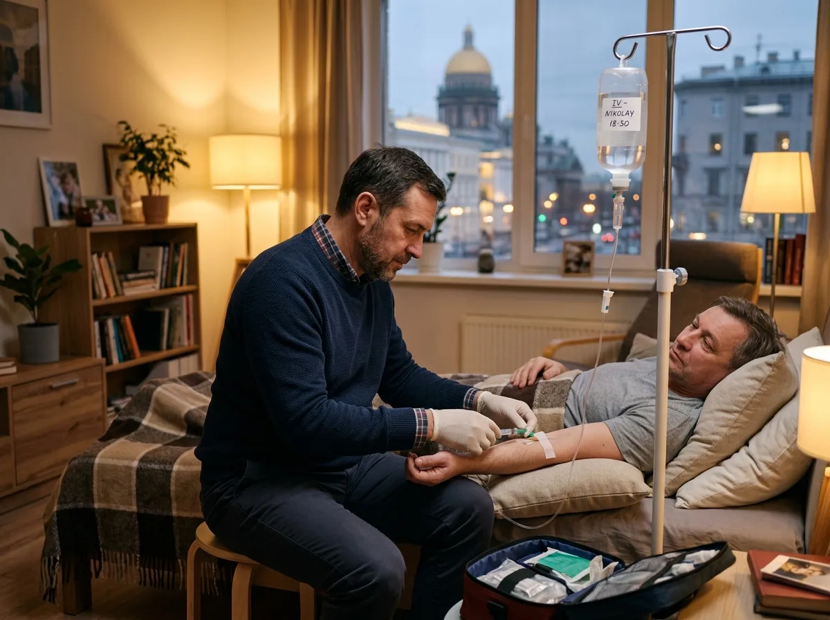 Нарколог в гражданской одежде ставит капельницу пациенту на дому в Санкт-Петербурге, современная квартира, вечернее мягкое освещение, атмосфера профессиональной помощи и заботы