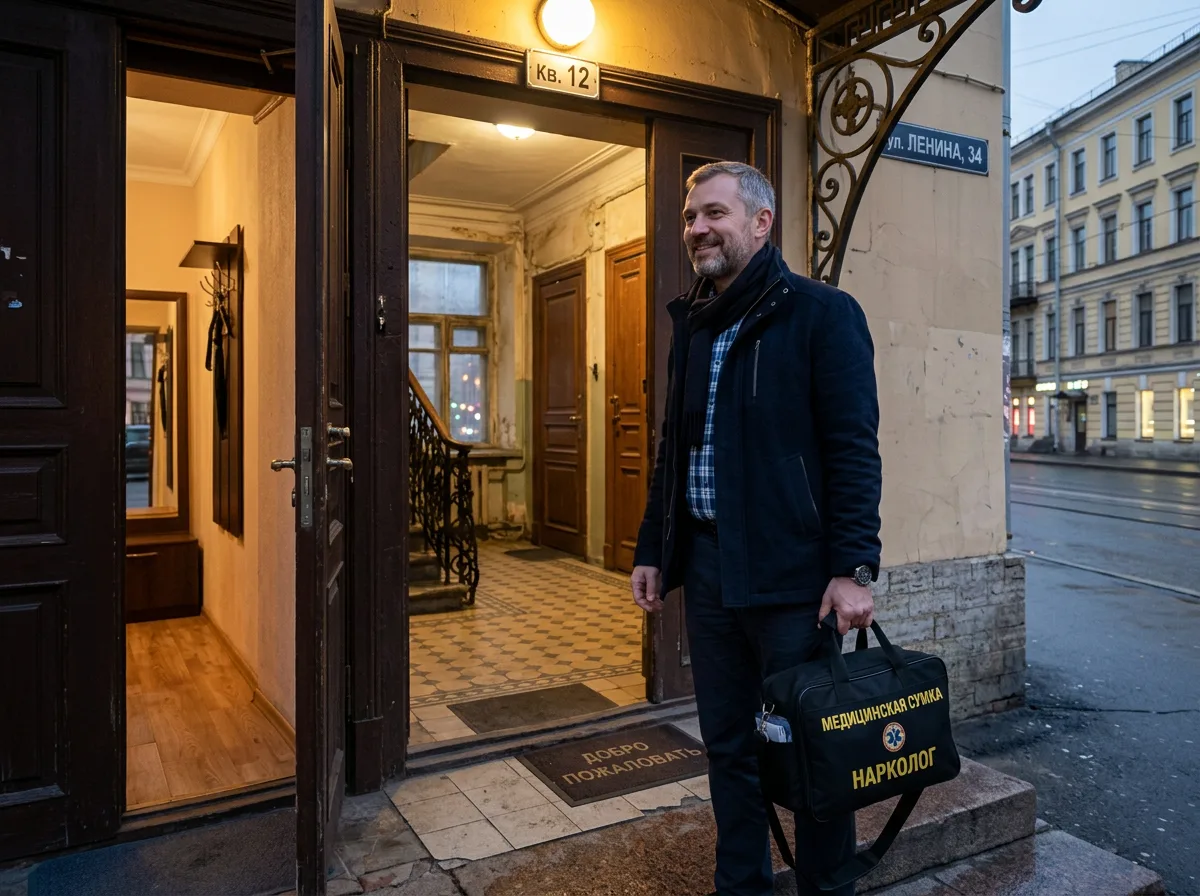 Нарколог-психиатр в гражданской одежде с медицинской сумкой на пороге квартиры в Санкт-Петербурге, готов к выезду, доброжелательный профессиональный вид, вечернее освещение