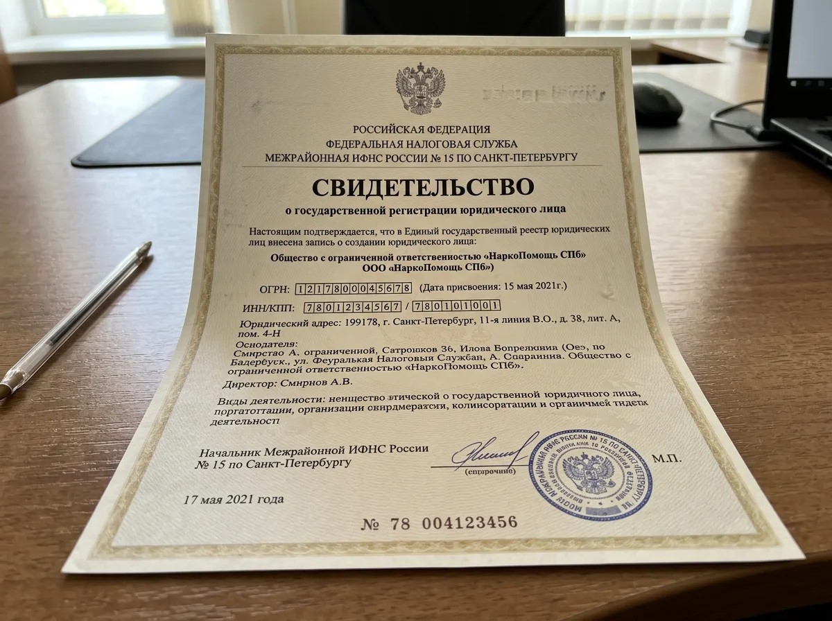 Свидетельство о государственной регистрации юридического лица ООО НаркоПомощь СПб, официальный документ ФНС России
