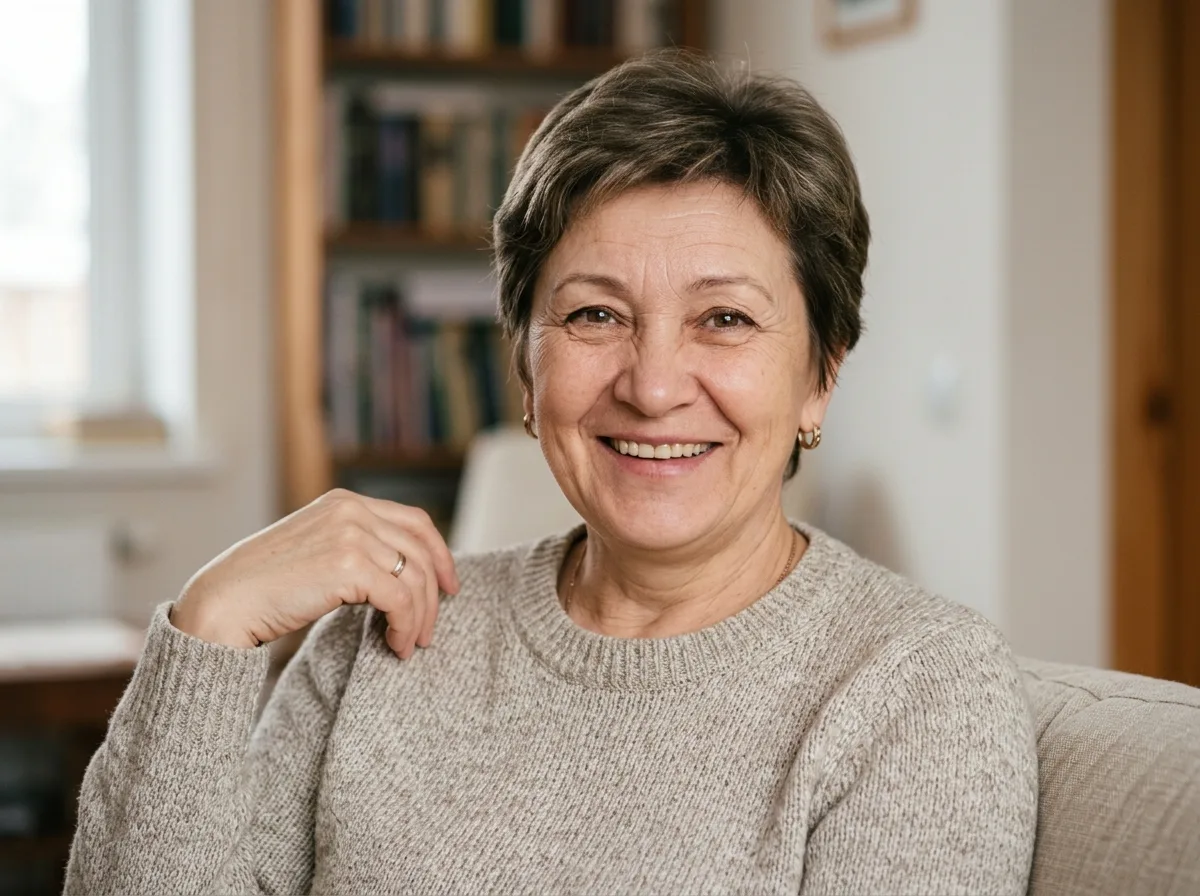 Аватар Мама Димы, женщина 50 лет, тёплое выражение лица, нейтральный фон